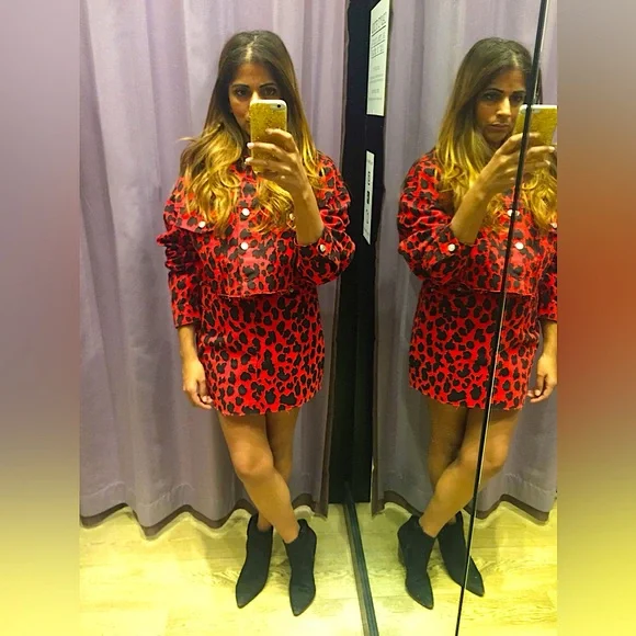TOPSHOP Red Denim Leopard Set - Picture 3 of 9